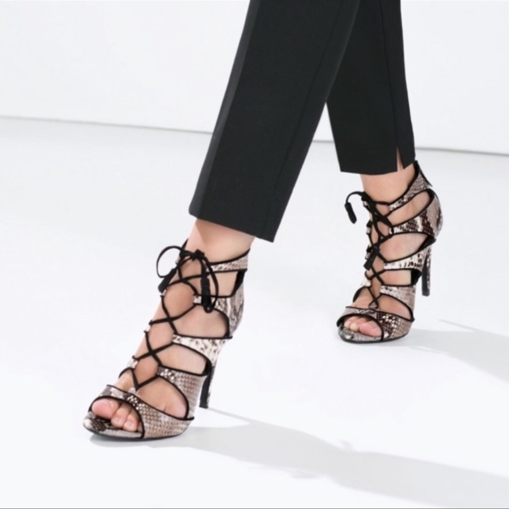 ZARA l Open-toe Snack Print lace up heels w/ tassel detail